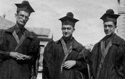 Franco Rasetti, Enrico Fermi, and Emilio Segre in academic dress