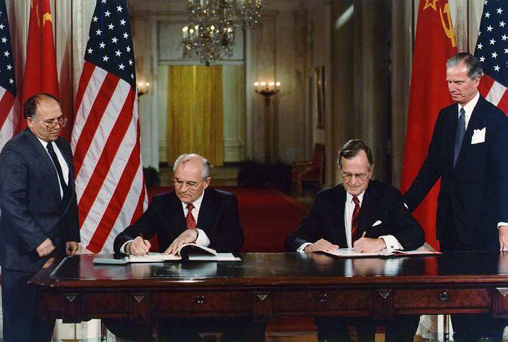 President George H. W. Bush and President Mikhail Gorbachev sign United States/Soviet Union agreements to end chemical weapon production and begin destroying their respective stocks, 1990. Photo courtesy of the George Bush Presidential Library.