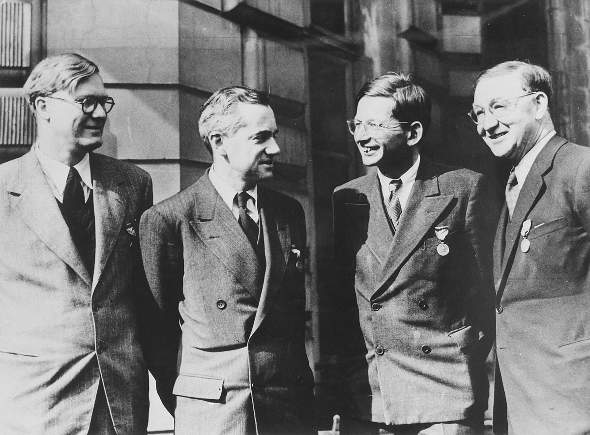 William Penney, Otto Frisch, Rudolf Peierls, and John Cockroft. Photo courtesy Atomic Heritage Foundation.