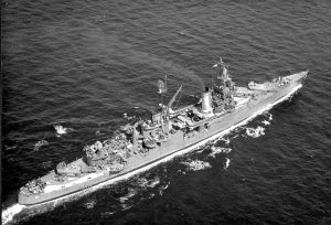 USS Indianapolis, seen from the air, 1945