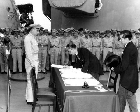 Foreign Minister Shigemitsu signs the Instrument of Surrender
