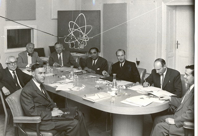 Bertrand Goldschmidt (third from right) at a meeting for the Scientific Advisory Committee of the IAEA. Photo Courtesy of IAEA (Copyright of http://www.iaea.org/NewsCenter/Multimedia/Imagebank/index.jsp)