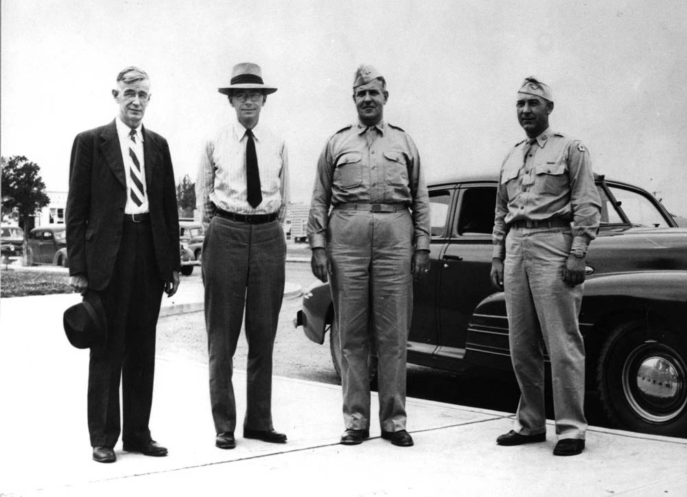 Hanford Site Selection Team - Left to right: Vannevar Bush, James B. Conant, General Leslie Groves, and Colonel Franklin T. Matthias