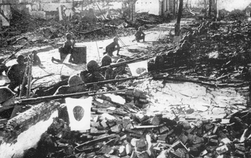 Japanese troops in the ruins of Shanghai, 1937