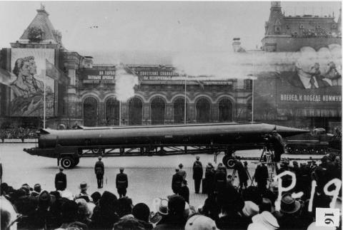 A Soviet R-12 intermediate-range ballistic missile in Red Square, Moscow