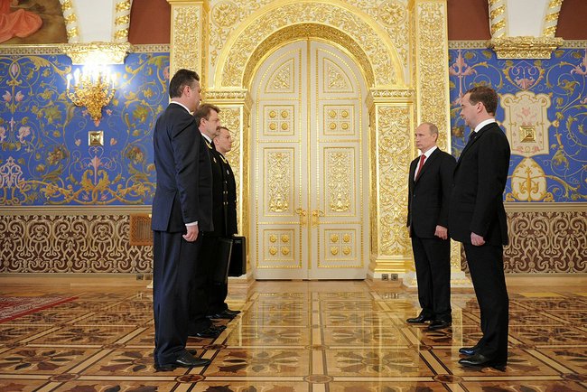 Putin takes the cheget back from Dmitry Medvedev, May 7, 2012