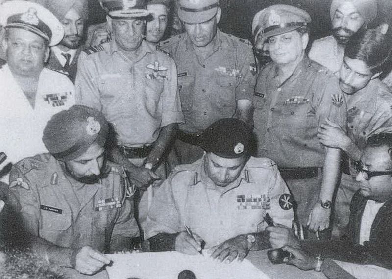 Lieutenant general A. A. K. Niazi signs the Pakistani Instrument of Surrender, December 16, 1971