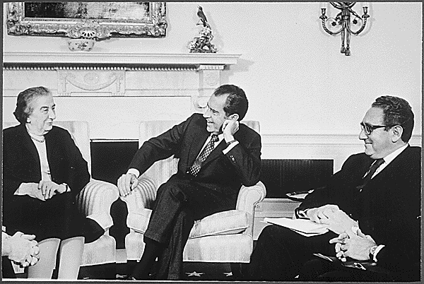 Golda Meir, Richard Nixon, and Henry Kissinger in the Oval Office, 1973